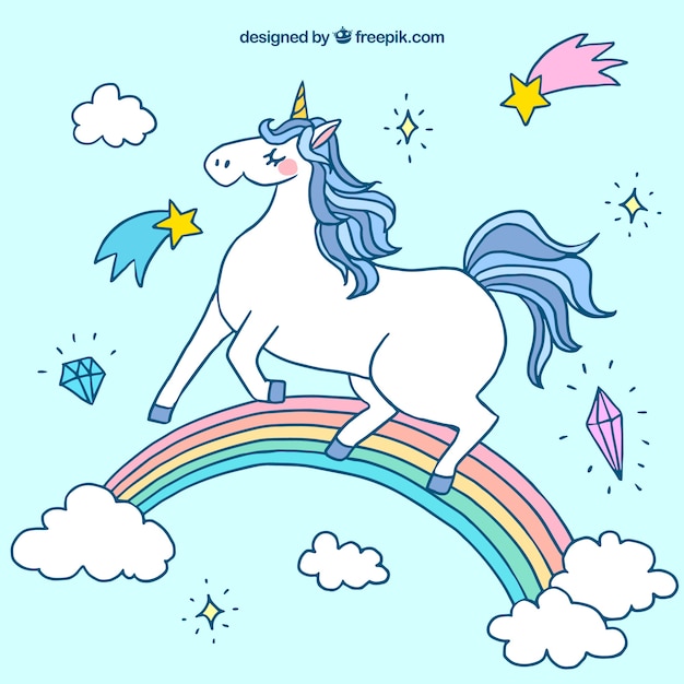 Download Free Vector | Background of a hand drawn unicorn in a rainbow