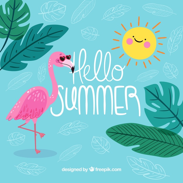 Background of hello summer with funny flamingo | Free Vector