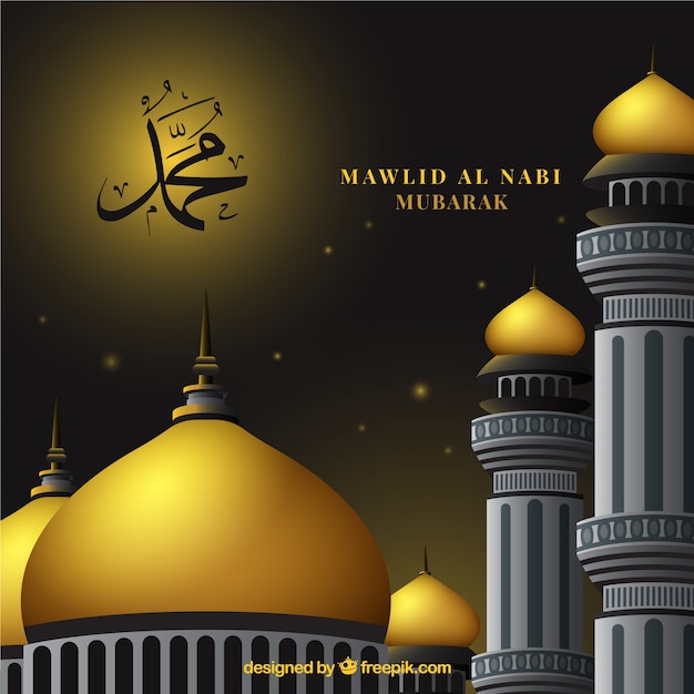 Background of mawlid golden mosque Free Vector