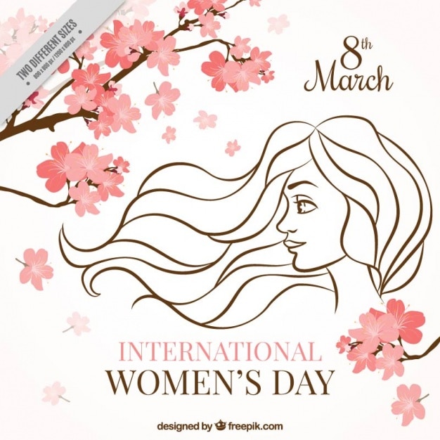 Background of branches with flowers and sketch
of woman's day