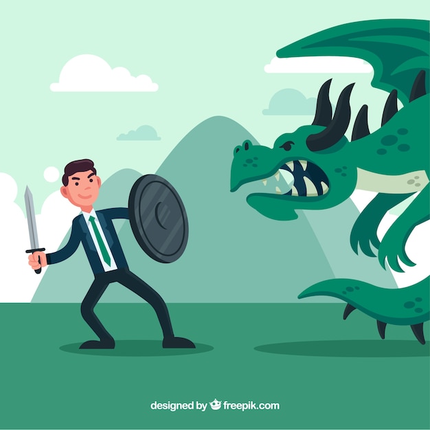 Background of business character fighting with\
dragon
