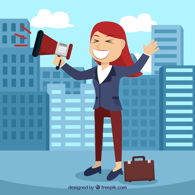 Background of business woman in the city with\
megaphone