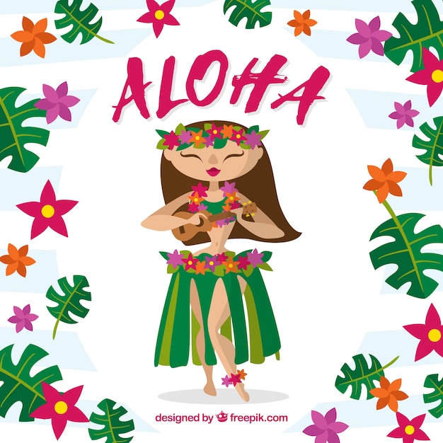 かわいいハワイの女の子の花と葉の背景 無料のベクター