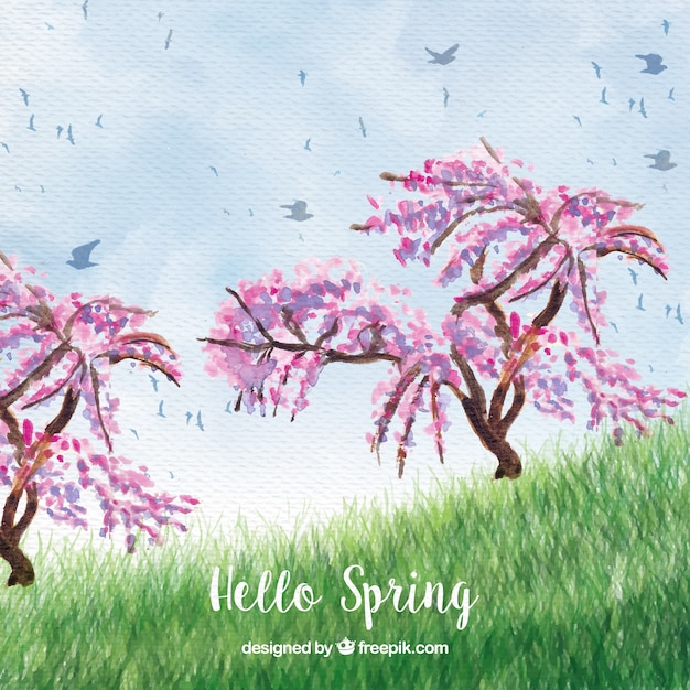 Background of cute spring landscape with\
watercolor trees