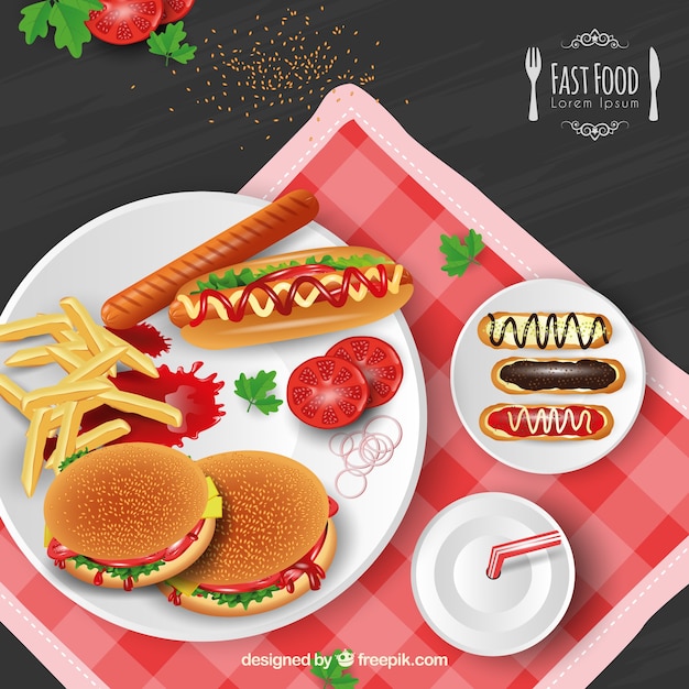 Background of delicious fast food in realistic\
style