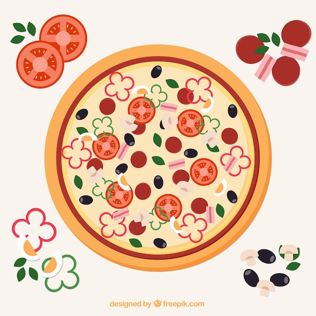 Background of delicious pizza with\
ingredients