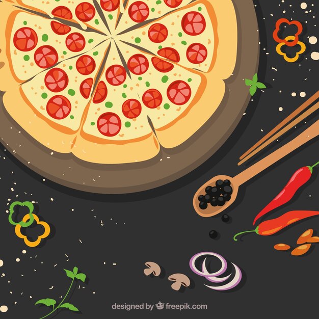 Background of delicious pizza with\
tomato
