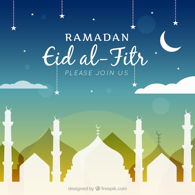 Background of eid al fitr with mosque and sky Vector | Free Download