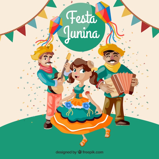 Background of festa junina with people dancing\
and playing