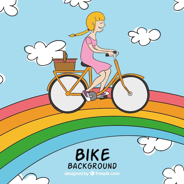 Background of girl on bicycle with hand drawn\
rainbow