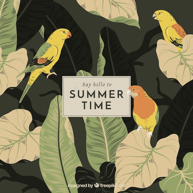 Background of hello summer with birds and\
plants in vintage style