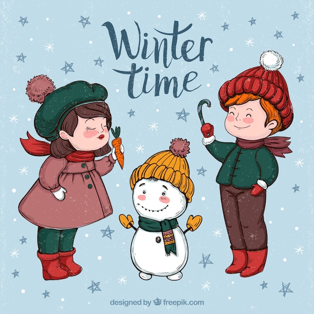 Background of lovely children with\
snowman