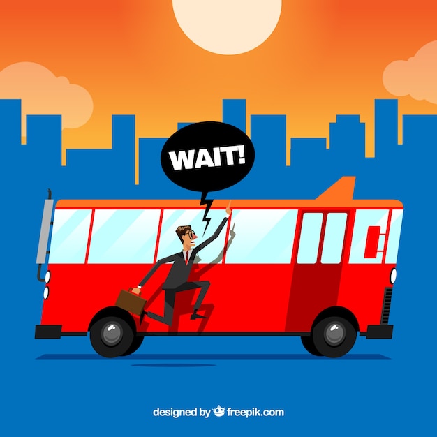 Background of man running behind a red
bus