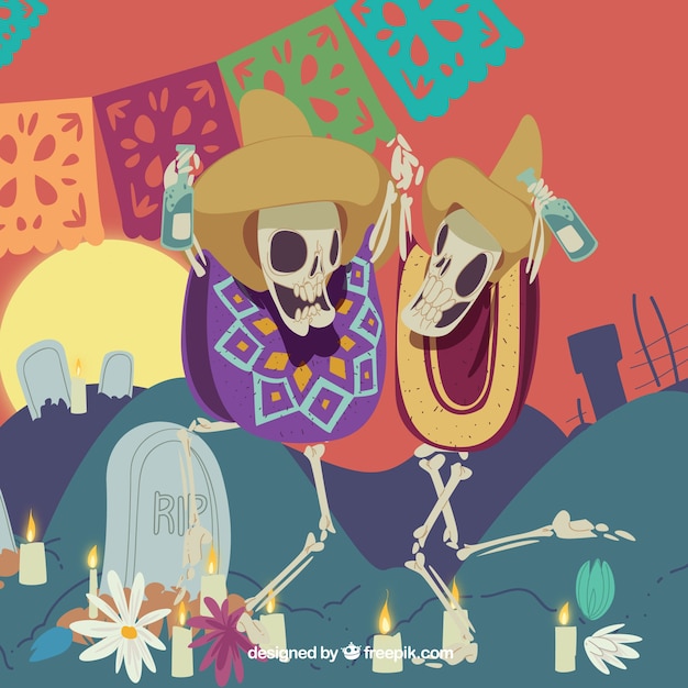 Background of mexican skeletons dancing in the\
cemetery