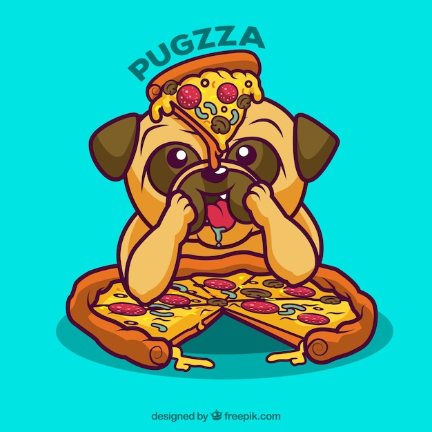 Background of nice dog eating pizza