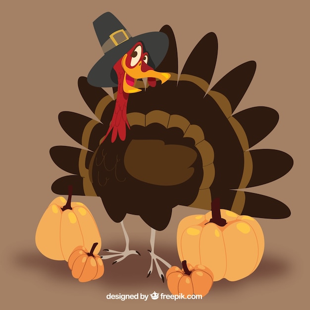 Background of nice thanksgiving turkey with\
pumpkins