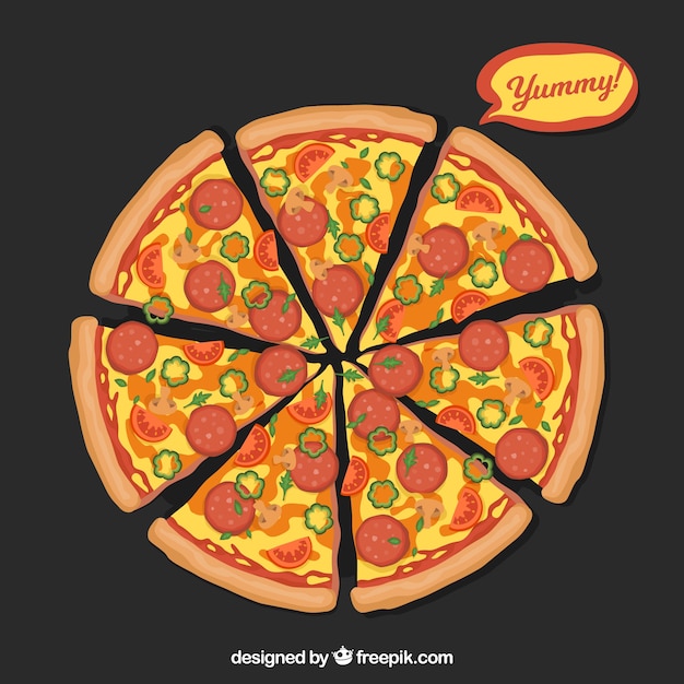 Background of pizza with cheese and\
salami