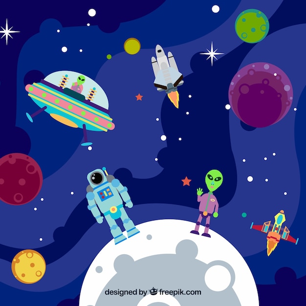 Background of planets with astronaut and\
alien