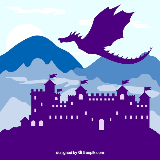 Background of silhouette castle with dragon
flying