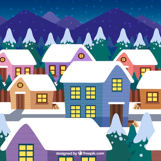 Background of snowy illuminated houses