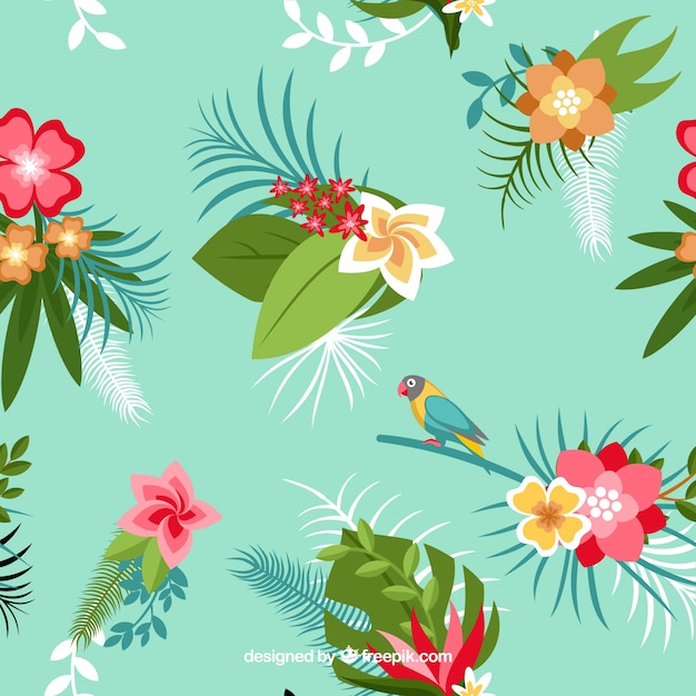 Background of tropical flowers and\
parrot