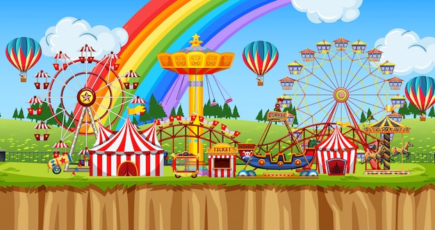 Premium Vector | Background scene of funpark with many rides