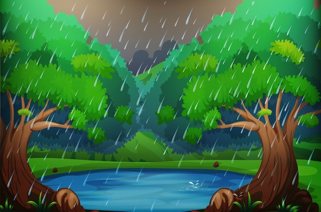 Premium Vector | Background scene with forest in the rain