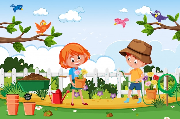 Premium Vector | Background scene with kids planting in the park