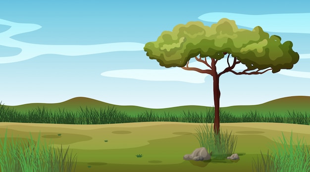 Background scene with one tree in the field Free Vector