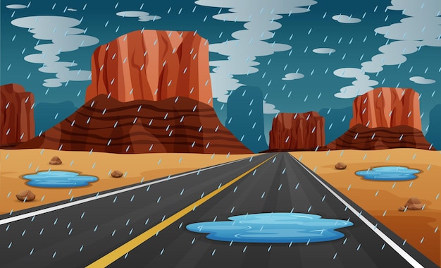 道路イラストで雨の背景シーン プレミアムベクター