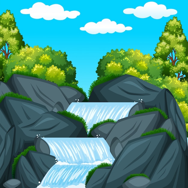 Premium Vector | Background scene with waterfall at daytime