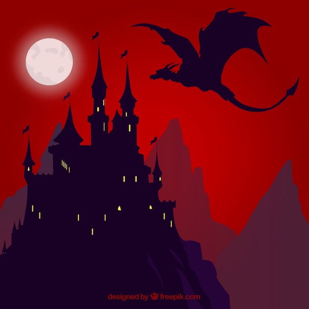 Free Vector Background Of Silhouette Castle With Dragon Flying