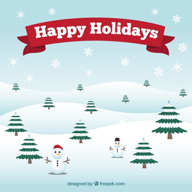 Background Of Snowy Landscape With Pine Trees And Snowmen Vector