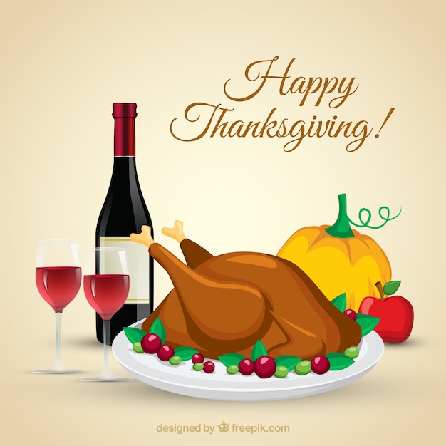 Free Vector | Background of tasty thanksgiving dinner with wine bottle