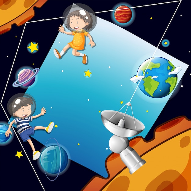 Premium Vector | Background template with kids in space