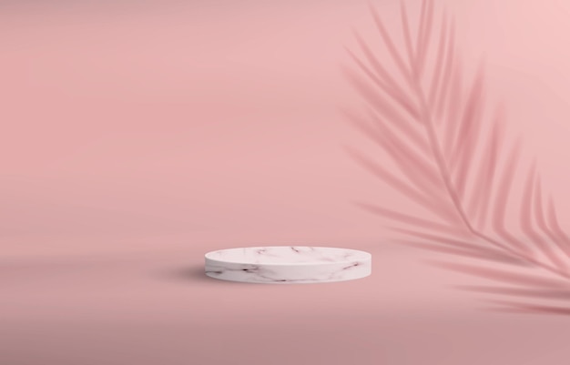 ピンクのパステルカラーのミニマルなスタイルの台座のある背景 手のひらの影で製品のデモンストレーションのための空の石の表彰台 プレミアムベクター