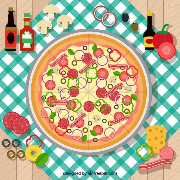 Background with a pizza on a tablecloth