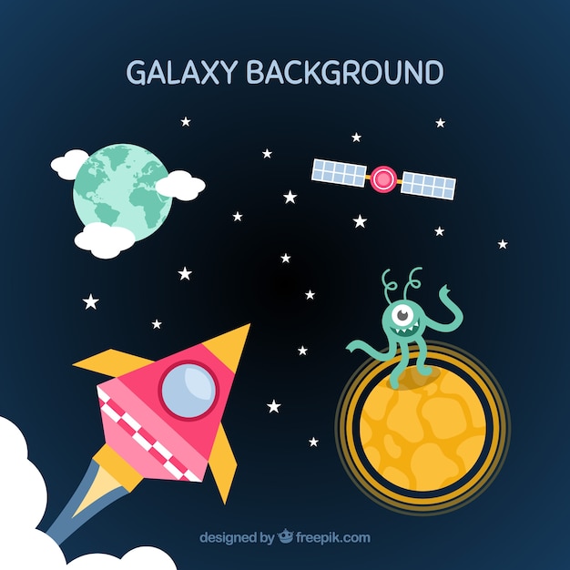 Background with alien and rocket with other
elements