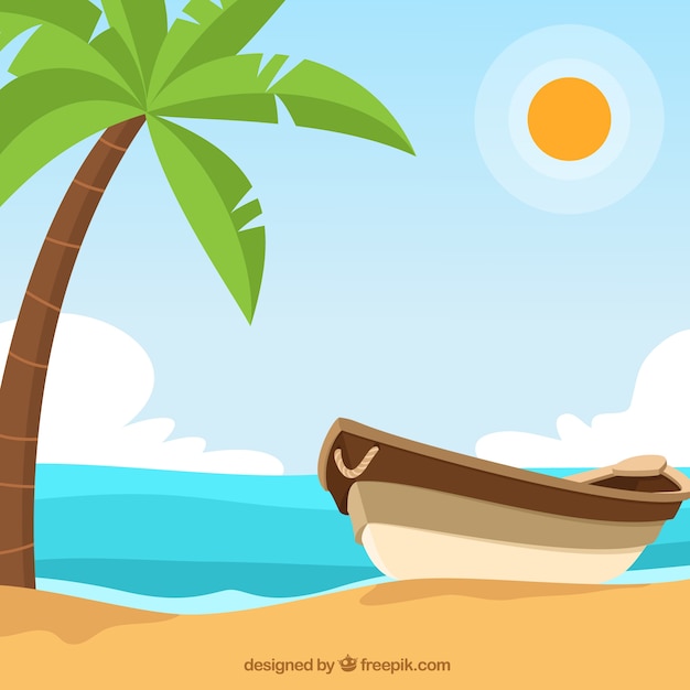 Background with boat next to a palm tree