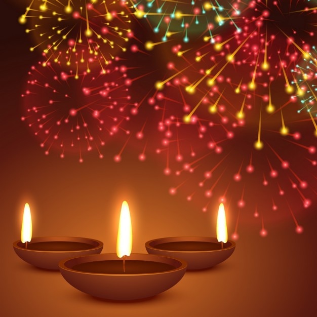 Background with candles and fireworks for\
diwali