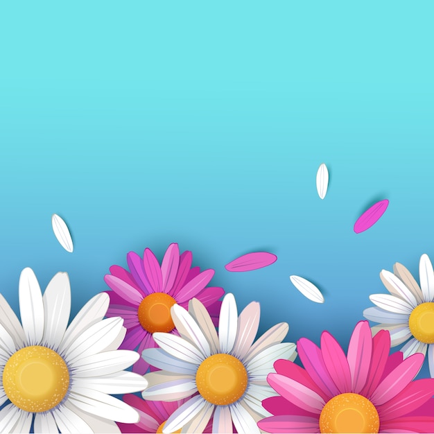 カラフルなデイジーの花と背景色が水色に花びらの背景 プレミアムベクター