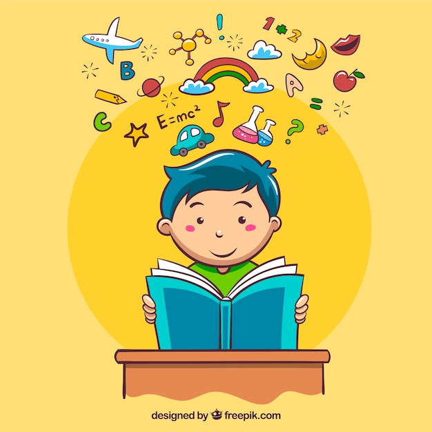 Download Background with decorative objects and boy reading Vector ...