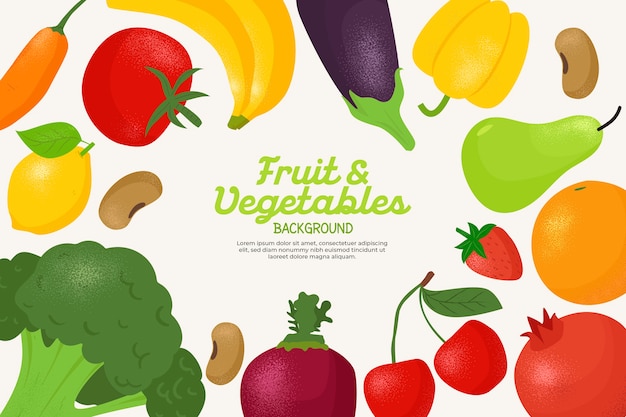 さまざまな果物と野菜の背景 無料のベクター