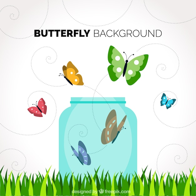 Background with glass jar and colored\
butterflies