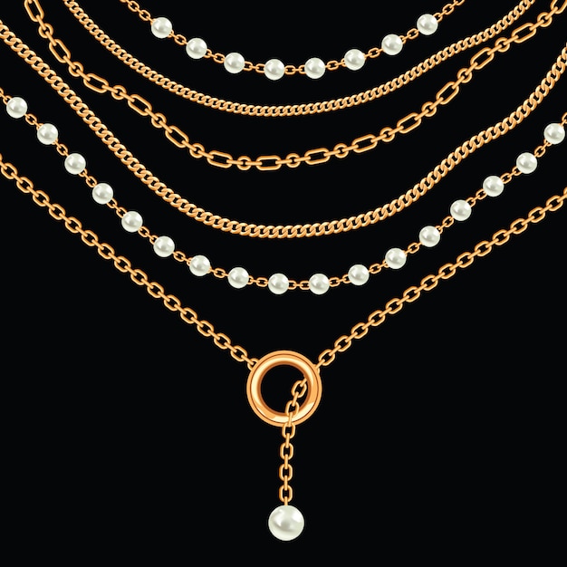 真珠とチェーンゴールデンメタリックネックレスの背景 黒に ベクトルイラスト プレミアムベクター