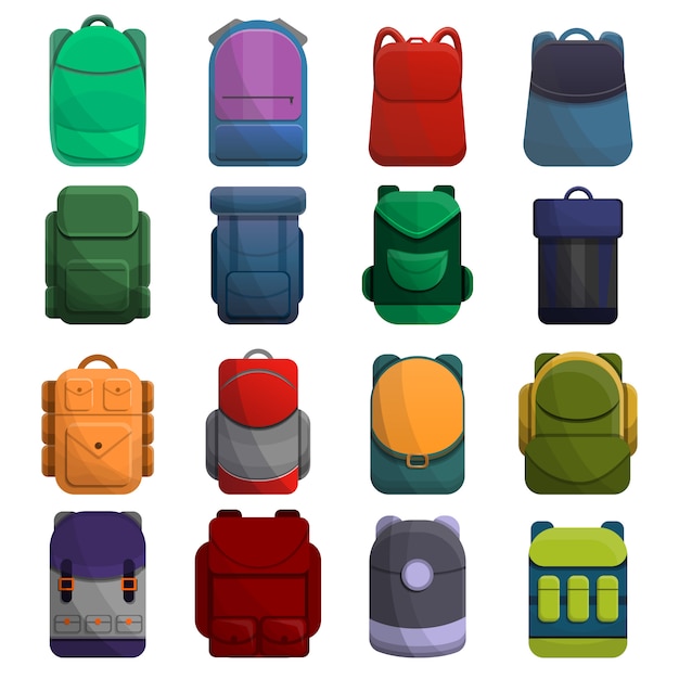 Premium Vector | Backpack icon set, cartoon style