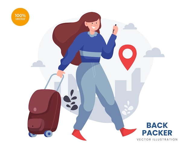 バックパッカーの概念ベクトルイラストのアイデア 女性または女の子は冒険の目的地のための休暇を作ります プレミアムベクター
