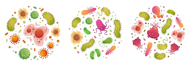 バクテリアと細菌が輪になっています 丸いフレームの細菌 病気の細胞および細菌 人間の病気の漫画イラストセット プレミアムベクター