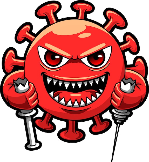 悪いコロナウイルスの赤い色 皮下注射を壊すマスコットキャラクターデザインイラスト プレミアムベクター