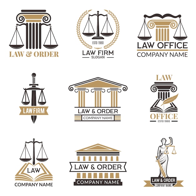 法と法のバッジ 裁判官のハンマー 法学のための法的コードの黒のセットラベル 法的ノート プレミアムベクター